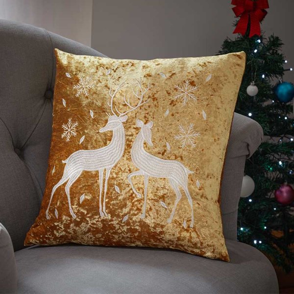 Three Kings Reindeer Cushion - Gold