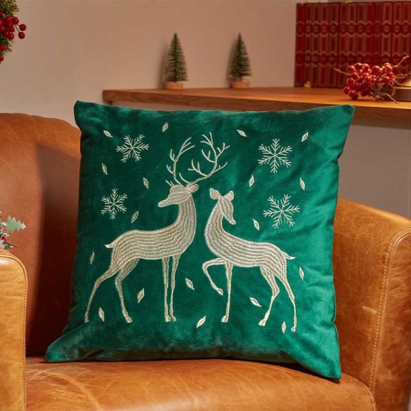 Three Kings Reindeer Cushion - Emerald